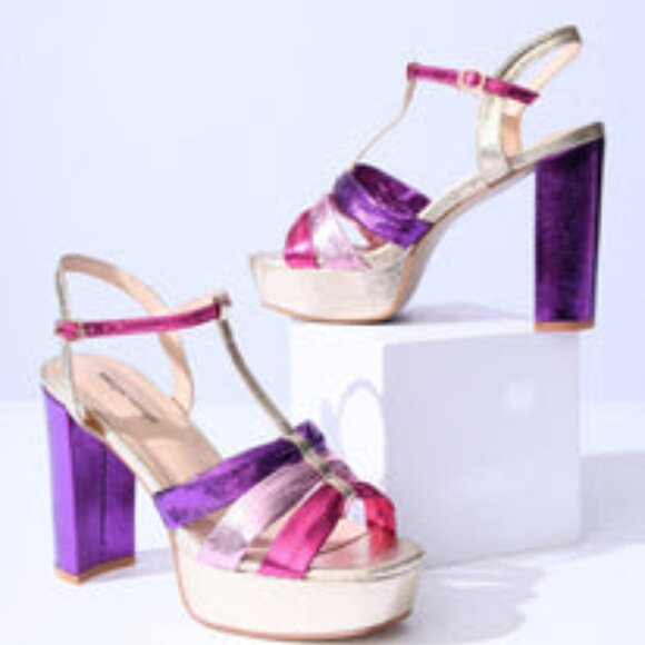 Unique Vintage 1970s Metallic Berry & Gold T-Strap Platform Heels - Never Worn - Picture 1 of 6